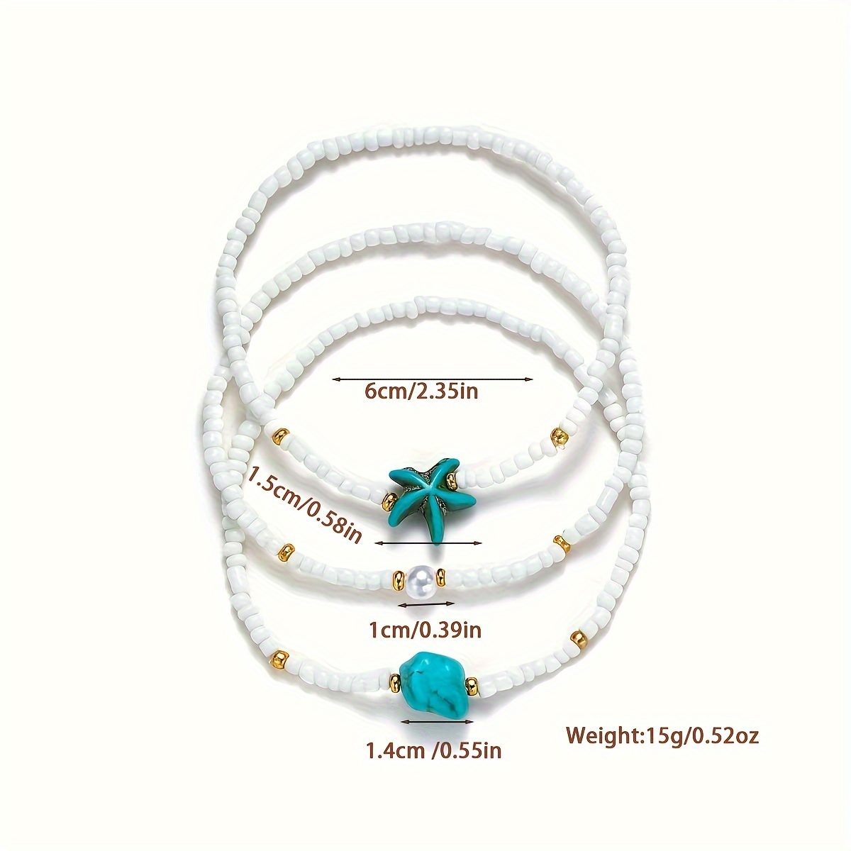 3pc Bohemian Mixed-Color Seed Bead Starfish Anklet Set